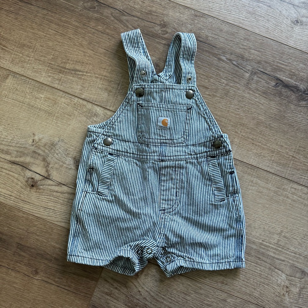 Carhartt baby overalls white and blue striped. Size 3 months